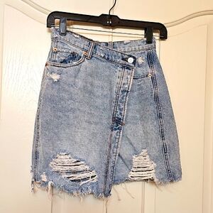 Free People Asymmetrical Distressed Denim Skirt Button Closure Size 25